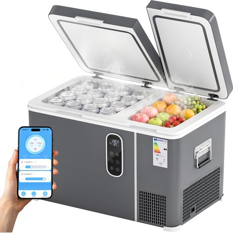 Outsunny nevera portátil eléctrica 35l 12/24/240v con compresor doble zona control por app bluetooth luz led pantalla modos eco y max de -20℃ a +20℃
