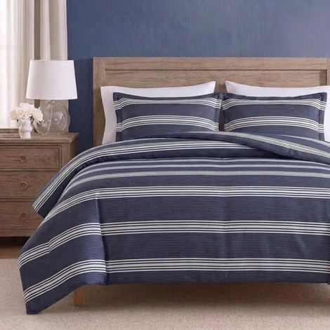 Couette rayée 100% Coton, Confortable et Douce, Durable et Respirante, Couvre-oreillers Assortis, Bleu Marine/Blanc, Grand lit (1/5)
