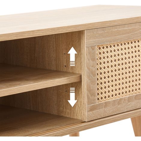 Meuble TV en rotin tressé, double portes coulissantes, rangement avec étagères réglables et pieds en bois massif. Console TV pour salon, aspect bois naturel – H45 x L140 x P40 cm (1/5)