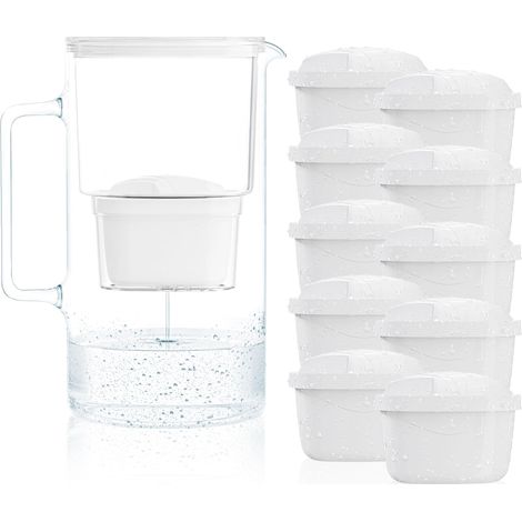 Carafe Filtrante en Verre avec dix Filtres pour Carafes, Compatibles avec Maxtra, Maxtra+, Grande capacité 3 L, Kit Carafe + 10 cartouches- Blanc (1/5)