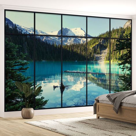 Papier peint panoramique Trompe l'oeil Verrière - lac et montagnes - 260 cm x 164 cm (1/5)