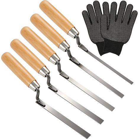 Lot de 5 truelles à joint, 6-15 mm, acier au carbone, outil de maçonnerie 6/8/10/12/15 mm, poignée en bois, gants inclus. Pour ciment et mortier. joints de briques, briques, tuiles (1/5)