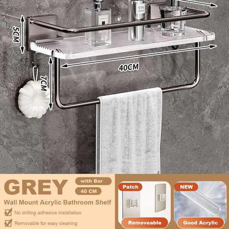 Étagère de salle de bain d'angle en acrylique gris (40 cm avec barre), avec crochets pour serviettes, fixation murale sans perçage, en aluminium spatial. (1/5)