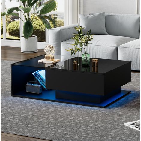 Tavolino da caffè nero 100 x 50 x 32 cm con piano in vetro, 1 cassetto e LED DESVIAE (1/5)