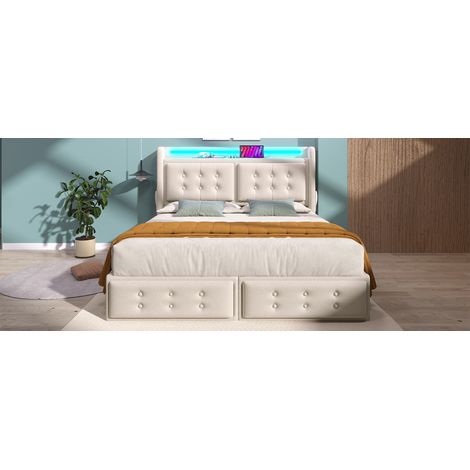 Letto con contenitore in tessuto cotone-lino beige 140x200 cm con rete a doghe, 4 cassetti, LED, prese USB e materasso (1/5)