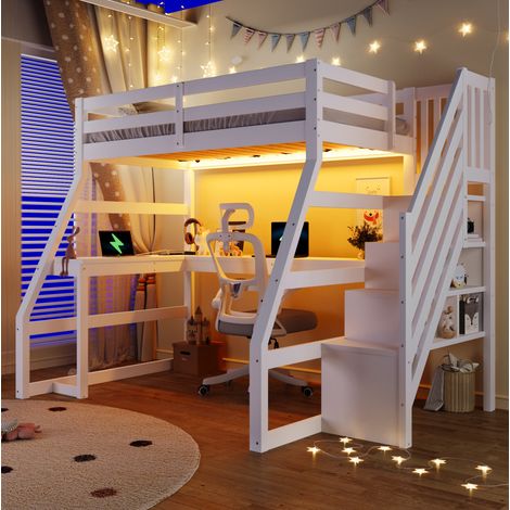 Cama alta infantil con escritorio y escalera blanca OKMYHOME (1/5)