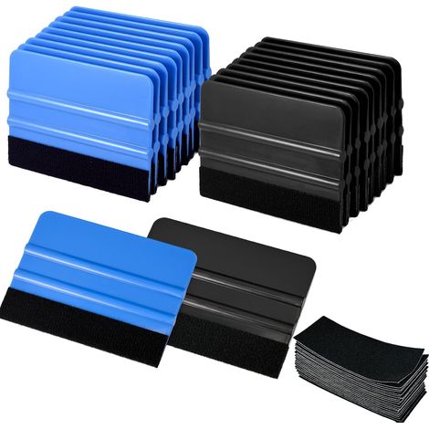 Ensemble de 20 raclettes avec 20 pièces en feutre - Pour films pour vitres, autocollants, films vinyle et papier peint - Outil d'application lissant (noir et bleu) (1/4)
