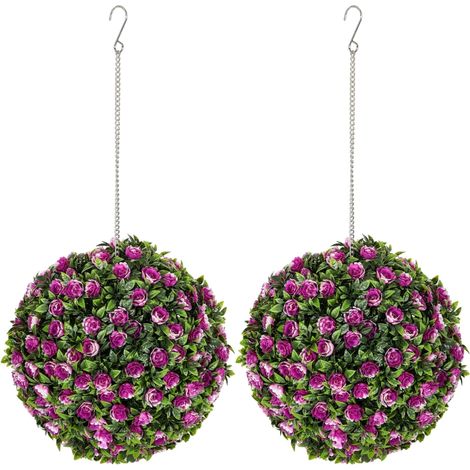 Set of 2 Decorative Artificial Plants, UV-protected Artificial Plant Topiary Rose Balls, Fake Plants for Home Indoor outdoor Decor, 28cm, Purple