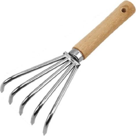 Steel digging tool with wooden handle for transplanting, precise digging and leveling soil, long handle/5 short prongs, silver color.
