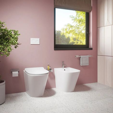 Sanitari filomuro in ceramica bianco lucido vaso tornado silent flush sedile soft close e bidet Rio (1/4)