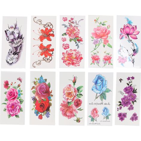 Étiquettes de tatouage temporaire waterproof fleurs longue tenue pour femme, lot B autocollants motifs floraux réalistes. (1/5)