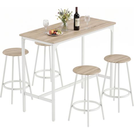 Ensemble table haute 5 pièces pour 4 personnes, style industriel, avec tabourets, pour cuisine et salle à manger, en chêne. (1/5)