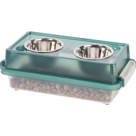 Iris Ohyama, Erhöhter Napf mit Aufbewahrungsplastikbox, 5L, Grün, Hundefutterspender, Katze, mit Doppelschüssel, CLips, FS-S