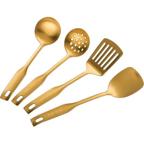 Spatule, louche, écumoire et spatule ajourée pour wok - Ensemble d'ustensiles de cuisine en acier inoxydable 304, 4 pièces, accessoires pour wok