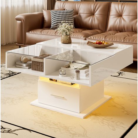 Tavolino da caffè sollevabile 78x78x45,5/59,5 cm bianco con LED e contenitore MEUBLIV (1/5)