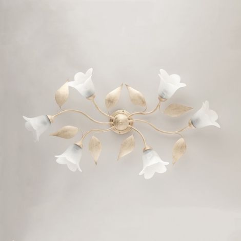 Lámpara de techo Iron Ivory Gold de seis luces con vidrio Alabastro blanco 95x52x h20 cm