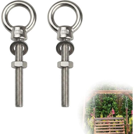 Structure Monobloc Solide, 2 Pcs Boulons à œil M8x100mm Acier Inox 304 avec Écrous, Vis à Anneau Longue pour Fixation de Voile d'ombrage et Suspension Lourde, Kit de Boulon à œil Argent (1/5)
