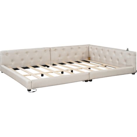 Divano letto 140 x 200 cm con rete a doghe, LED 7 colori, USB Type-C, beige (1/5)