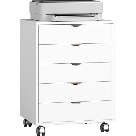 Caisson bureau mobile avec 5 tiroirs, meuble rangement bureau sur roulettes pour documents A3/Lettre/A4 et imprimante, caisson de rangement pour travail ou chambre, 50 x 40 x 67,5 cm, blanc (1/5)