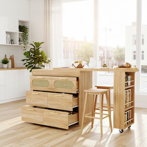 URBAN MEUBLE Table de bar effet bois naturel et rotin PE, pivotant 360° et 6 tiroirs 128-203cm (1/5)