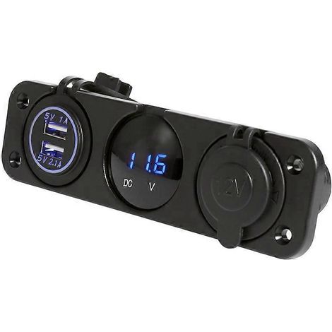 Panneau étanche pour voiture/bateau avec 3 ports, deux chargeurs USB, un voltmètre à LED bleue et une prise 12 V.