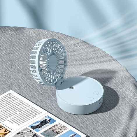 Mini ventilateur portable et pliable (avec lumière LED et fonction brumisateur) – Rechargeable, 3 vitesses (Bleu) – (1/2)