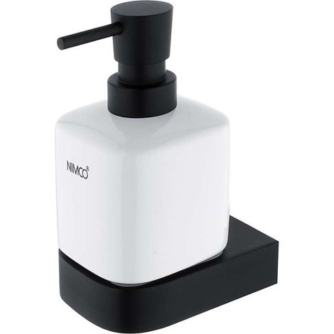Nimco Nikau - Dispenser di sapone liquido in ceramica con supporto, 250 ml, bianco/nero opaco NKC 30031K-T-90