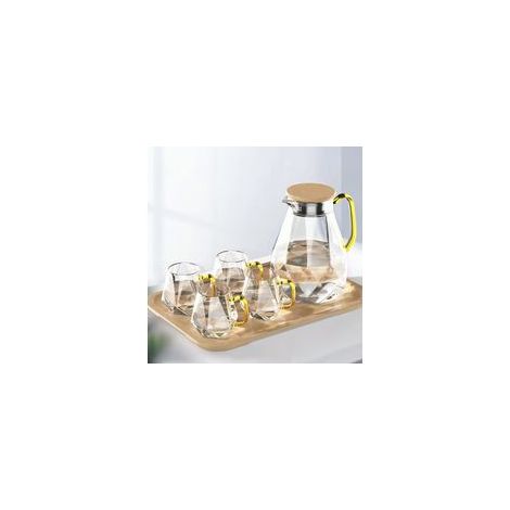 Pichet en Verre de 2 Litres avec 4 Tasses & 1 Plateau en Bambou, Pichet à Eau Design Diamant Moderne, Belle Décoration pour le Salon, Carafe Eau Haute Durabilité, Résistant au Chaud/Froid (1/5)