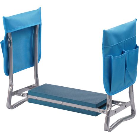Relaxdays Panca da giardino pieghevole imbottita con tasche, 2-in-1 supporto ginocchia e seduta, fino a 150 kg, azzurro