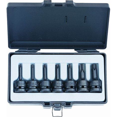 Coffret de 7 douilles impact Torx mâles 1/2 – Dimensions T30 à T70 – Pour boulonneuse à chocs – Acier au chrome vanadium – Force
