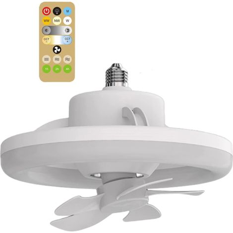 Ventilador de techo regulable con luz, lámpara LED E27, rotación de 360° con mando a distancia, 3 velocidades, para cocina y salón (48 W).