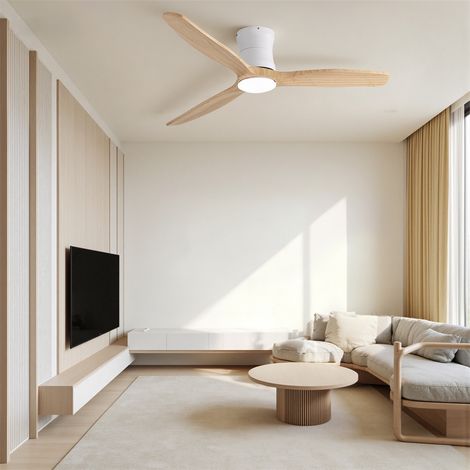 Ventilateur de Plafond 132cm - avec Éclairage LED Dimmable et Télécommande - 3 Pales en Bois Massif et Moteur DC Silencieux - Blanc (1/5)