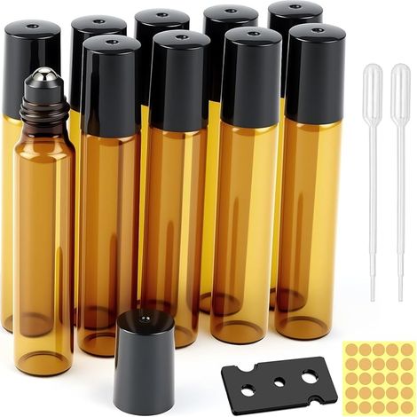 Lot de 10 bouteilles vides de 10 ml - Pour huiles essentielles - Rechargeable - Anti-UV - Avec bille en acier inoxydable - Pour huiles essentielles, cosmétiques, aromathérapie, parfum, massage