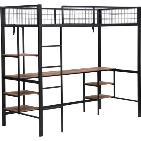 Cama alta de metal y aglomerado con escritorio y estanterías 90x200 cm negro (1/5)