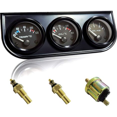 3-in-1 52-mm-Dreifachanzeige-Cluster für Wasser-/Öltemperatur und Öldruckanzeige mit schwarzer Armaturenbrettkonsole, universelle Passform für 12-V-Autos, LKWs, SUVs (wasserdichtes Aluminiumgehäuse, e