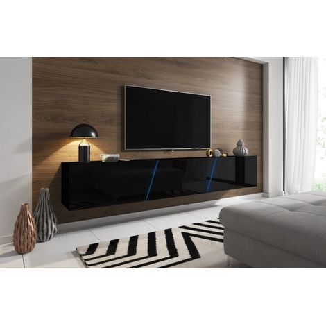 Meuble TV à suspendre SLANT 240 – LED RGB – 240x40x35 cm – Noir brillant – Design moderne avec niches spacieuses – Vivaldi (1/5)