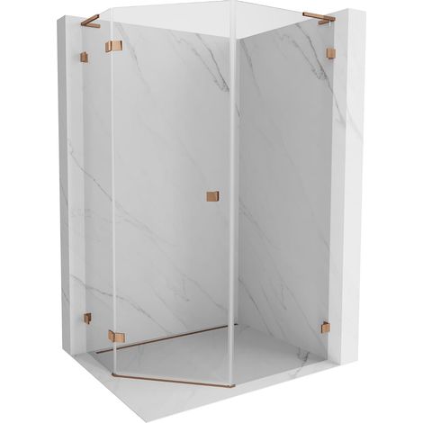 Mexen Lunar L cabina de ducha pentagonal con puerta abatible izquierda 80 x 100 cm, transparente, oro rosa (1/5)