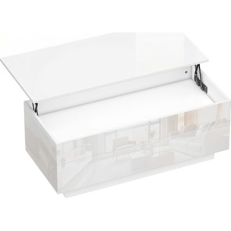 Table basse hauteur réglable avec rangement dissimulé et 2 tiroirs, finition blanc laqué moderne (1/5)