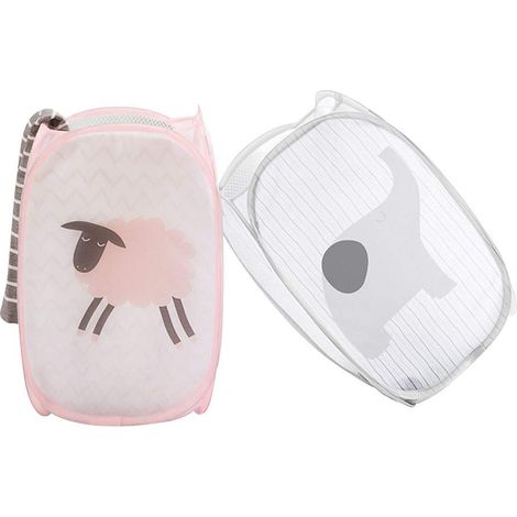 Set di due cesti portabiancheria pieghevoli: un'ampia scatola portabiancheria multifunzionale in rete di nylon, una sacca per la biancheria con manico e una piccola pochette. (1/5)