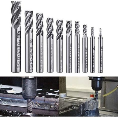 Jeu de 10 forets à quatre goujures - Fraises de 2 à 12 mm - HSS - pour usinage CNC, pour le perçage du bois, de l'aluminium, de l'acier et du titane