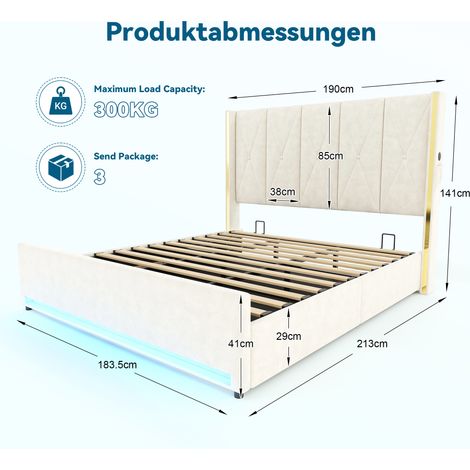 Lit en velours avec tête de lit haute, rembourrée et matelassée, poches latérales, USB et LED, système hydraulique et grand rangement sous le lit, 180x200 cm (1/5)