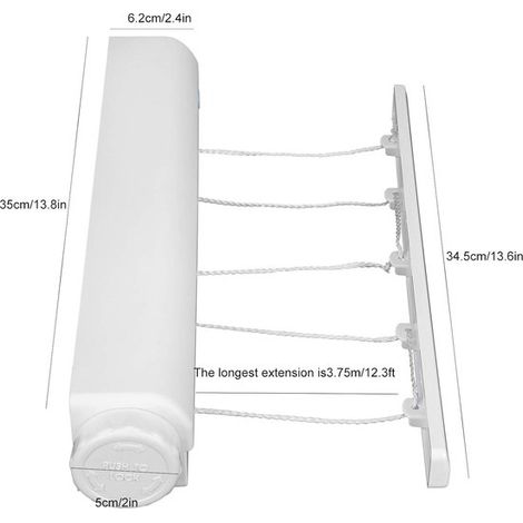Tendedero de pared - 5 cuerdas, extensible hasta 3,75 m - Para interior/exterior - Sistema de perforación y ganchos incluidos (1/4)