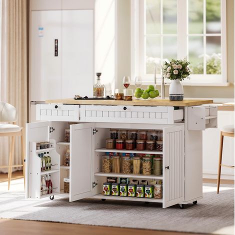 Isola da cucina con piano ribaltabile, 6 ruote frenate, 2 ampi cassetti, MDF bianco HAVRYA (1/5)