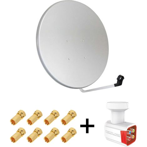 Pack Antenne Parabole Acier 100 cm Gris Clair MEGASAT + LNB QUAD Full HD 4K 1080p Gain 70DB Bruit 0.1 dB + 8 Connecteurs fiche F
