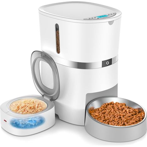 Distributeur Croquettes Chat Automatique avec Sac de Glace et Déshydratant pour Aliments Secs Fraîcheur blanc