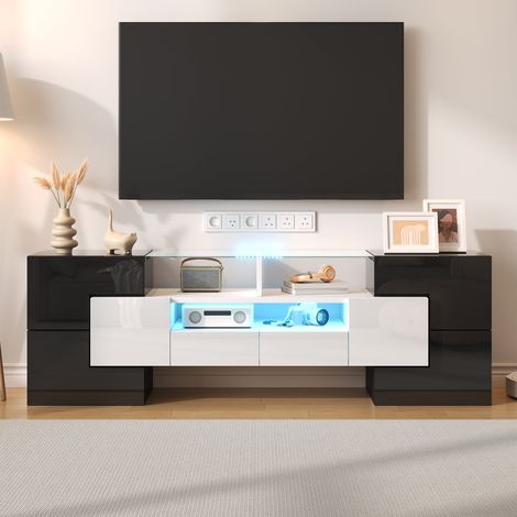 Meuble tv 145 cm blanc brillant led finition verre meuble bas contemporain (1/5)