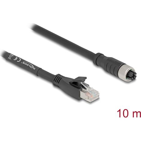 Delock Cable M12 codificado en X de 8 pines hembra a RJ45 macho Cat.5e S/FTP flexible 10 m negro