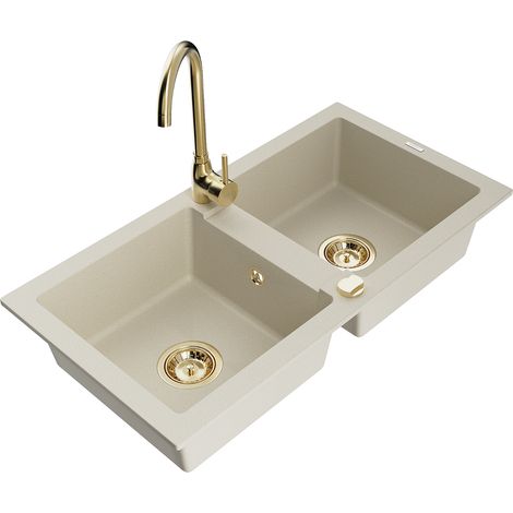Mexen Mario fregadero de granito de 2 senos con grifo de cocina Telma, beige - 6504-69-670200-50 (1/5)