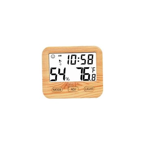 Termometro e igrometro digitale per interni, misuratore di temperatura e umidità in legno con orologio da scrivania per camera da letto e ufficio, display dell'ora accurato, tester