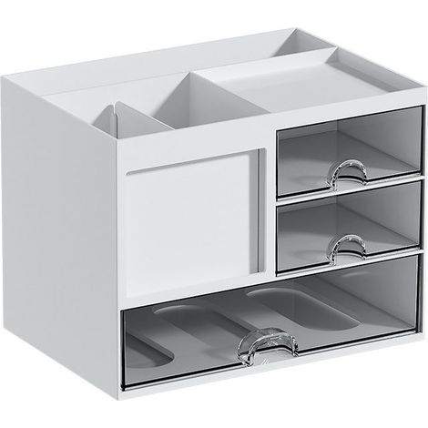 Boîte de rangement de bureau – 3 tiroirs – Porte-crayons multifonctionnel – 8 compartiments – PS – Blanc (1/5)